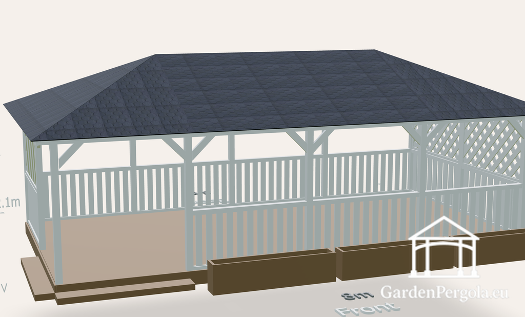 Gazebo 4x8m with black shingle four slope roof