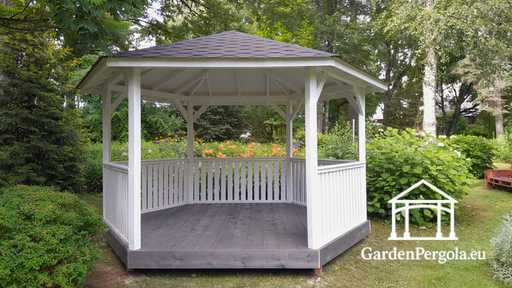 Šesťstranný drevený altánok — útulný záhradný altánok s podlahou a krytou strechou - garden gazebo pergola