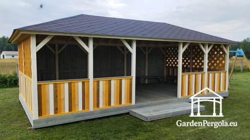 4x8 m Drevený altánok pre materské školy — Priestranný vonkajší altánok s podlahou a krytou strechou - garden gazebo pergola