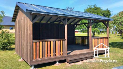 4x6 m Hnedý Drevený Altánok — Priestranný Záhradný Altánok s Podlahou a Kovovou Dvojitým Šikmým Strechou - garden gazebo pergola