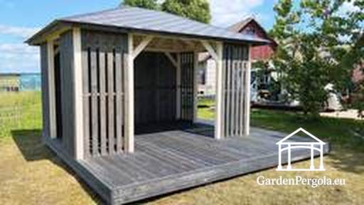 3x4 m Drevený altánok so 4x4 m terasou — Útulný záhradný altánok s podlahou a otvorenou terasou - garden gazebo pergola