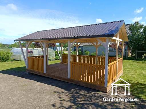 4x7 m Drevený Altánok na Mieru — Priestranný Záhradný Altánok s Podlahou a Dvojitým Šikmým Strechou - garden gazebo pergola