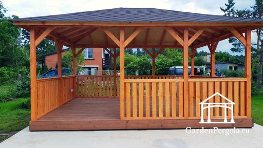 4x5 m jantárový drevený altánok — priestranný záhradný altánok s podlahou, zábradlím a krytou strechou - garden gazebo pergola