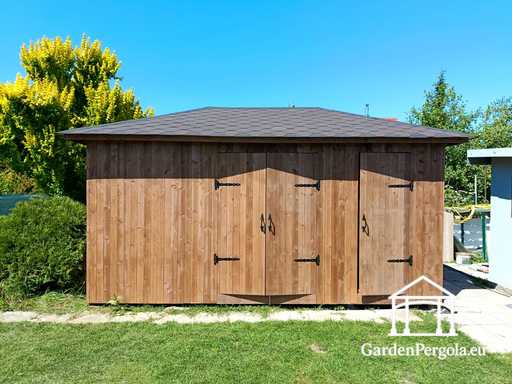 3x5.5 m Drevený záhradný domček na mieru — Priestranný sklad s dvojitými dverami - garden gazebo pergola