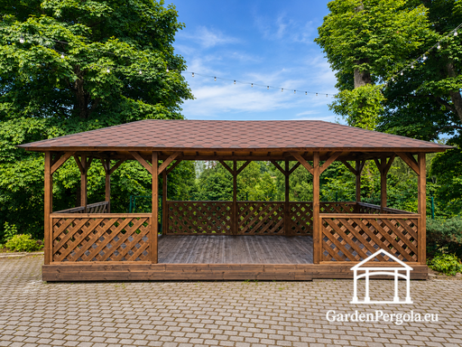 4x7 m Hnedý Drevený Altánok — Priestranný Záhradný Altánok s Podlahou, Mrežovými Zábradliami a Šindľovou Strechou - garden gazebo pergola