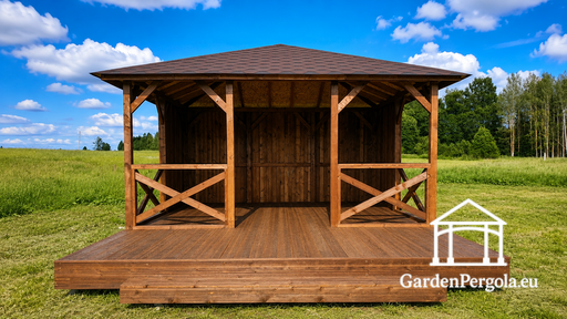 4x4.5 m Drevený Záhradný Altánok s 2x4.5 m Otvorenou Terasou - garden gazebo pergola