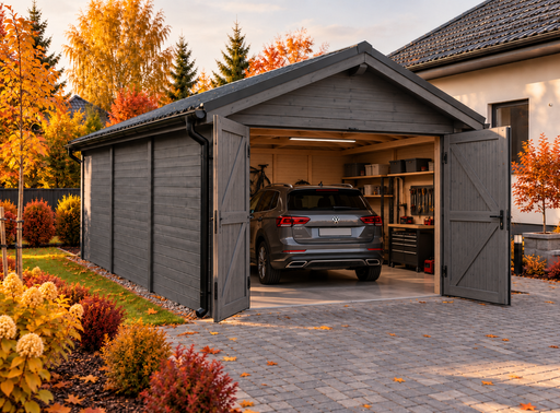 4 × 5 m drevená garáž s kovovou sedlovou strechou
